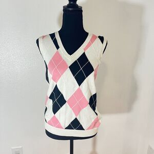 IZOD Argyle Sweater Vest 100% Cotton Pink Navy Blue Golf Women's Medium